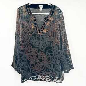 Chicos Womens Artsy Silk Blend Floral Burnout Velvet Long Sleeve Blouse Size L